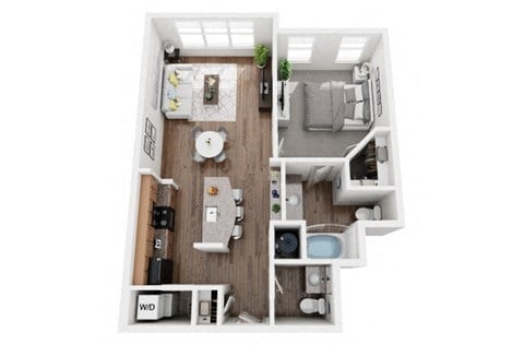 Floor plan for 1 bed, 1.5 baths, 744 sqft